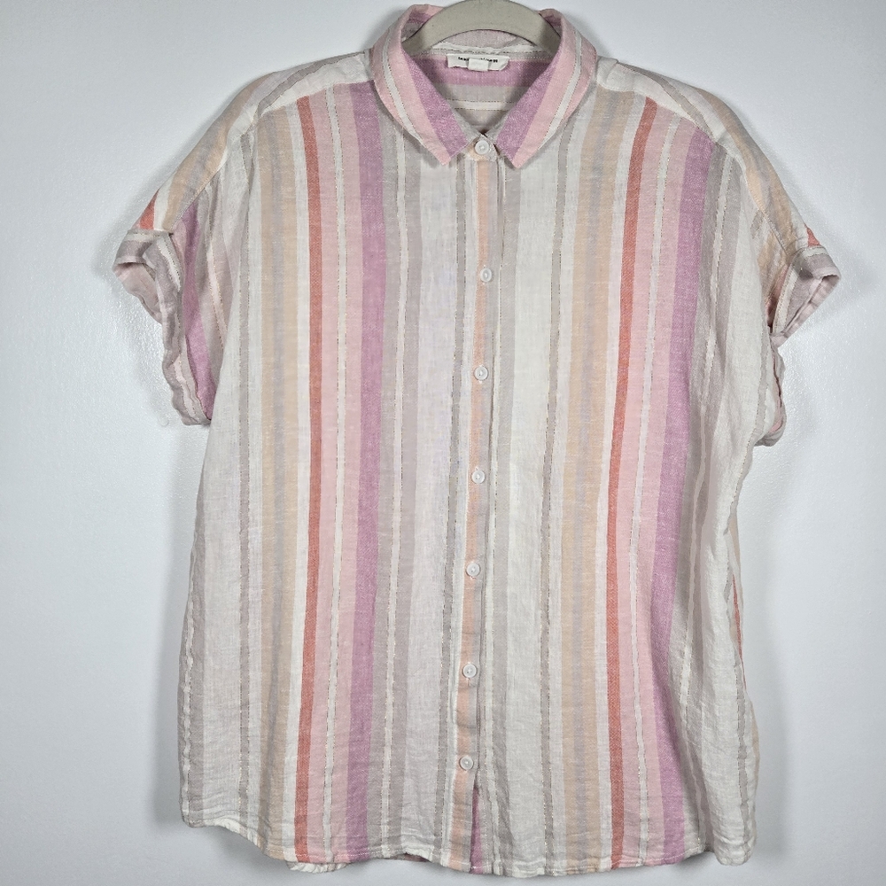 Beach Lunch Lounge Pink Metallic Gold Stripe Linen Blend Button Up Top Large